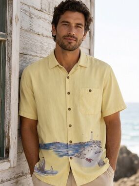 Joe Marlin 100% Cotton Yellow Nautical Button-Up Shirt Men's Beach Coastal M